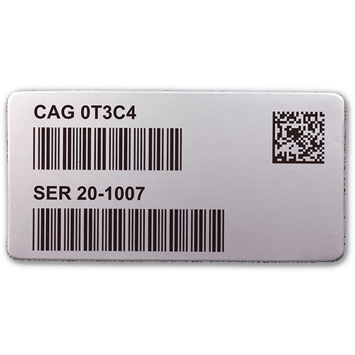 A metal UID label with a Data Matrix code, CAGE code and serial number barcodes.