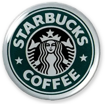 A domed Starbucks Coffee logo badge.