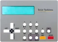 A membrane keypad overlay for a Solar Turbines control panel, with a display window.