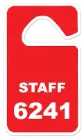 A red “Staff” parking hang tag numbered 6241.