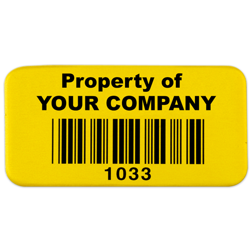 A yellow “Property of your company” asset tag with a barcode and number.