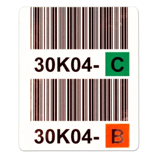 Warehouse rack labels with large location codes and colour-coded level letters.